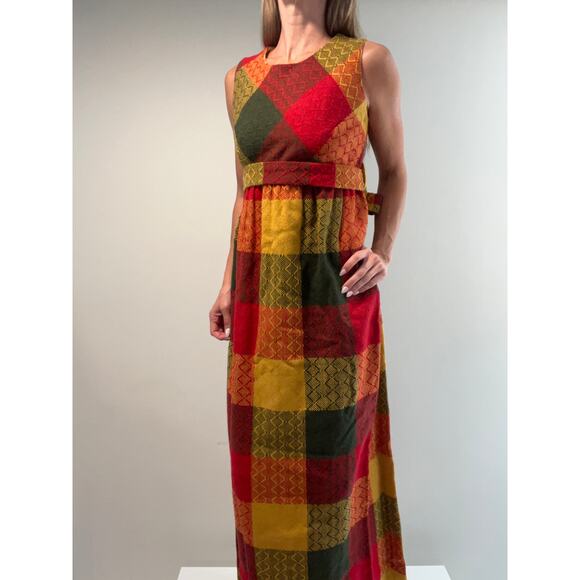 Vintage Dresses & Skirts - Vintage 1960s-70s Patchwork Plaid Sleeveless Maxi Dress w Belt Red Yellow Sm JL